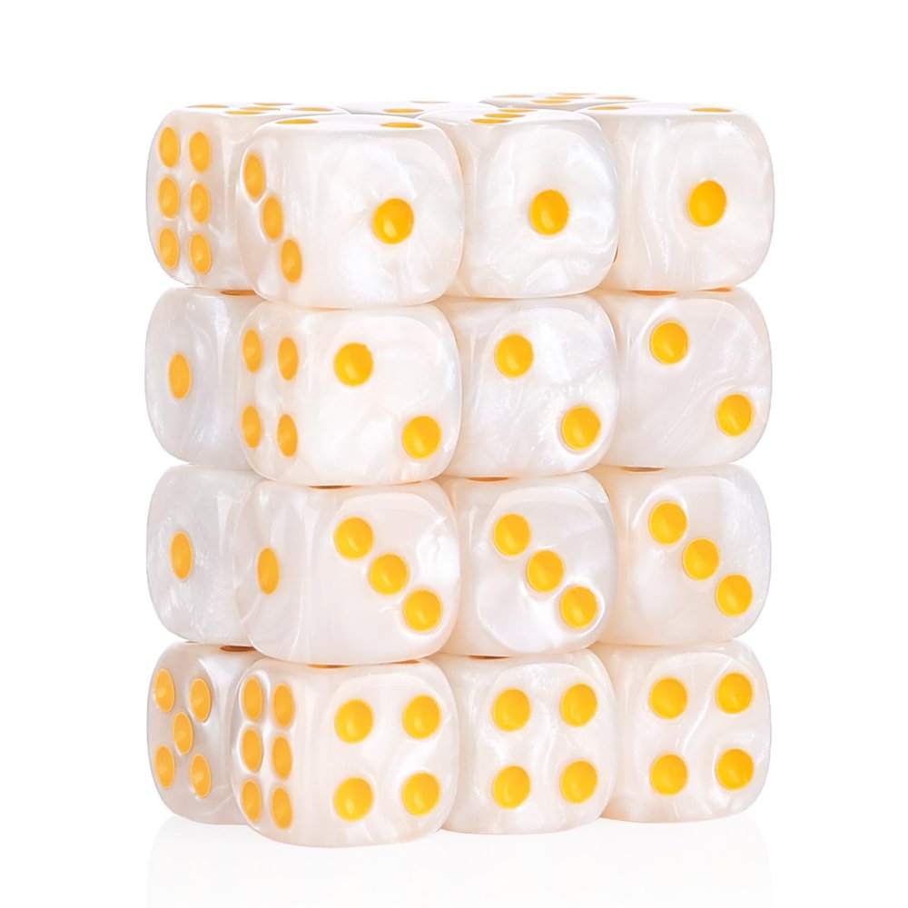 24 of Pack 16MM 6 Sided Dice Set,Pearl Pattern D6 Game Dice Set, 6 Sided Standard Dices for Yahtzee, Bunco or Teaching Math,with Portable Dice Pouch(White Pearl)