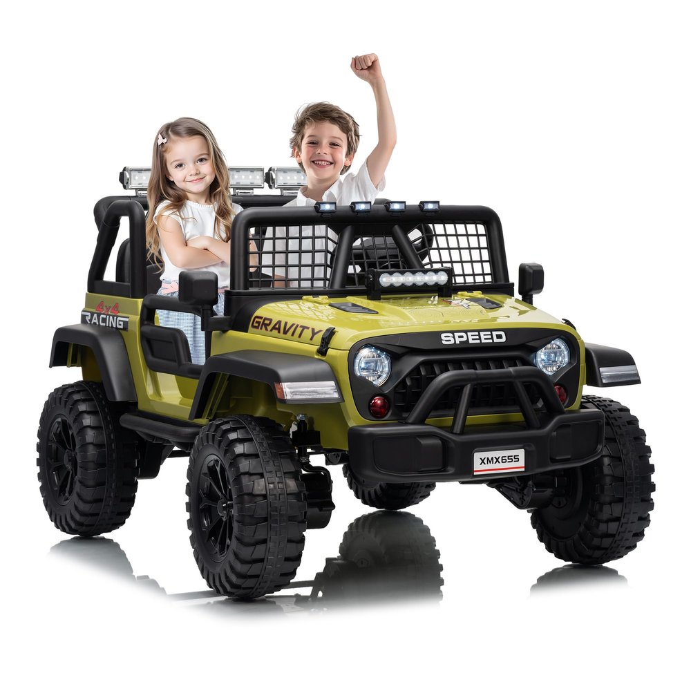 24V 2-Seater Kids Electric Truck with Parent Remote Control, 100Min Ride-on Car, 4WD Dual Motor, 2 Speeds, Spring Shock Absorber, LED Headlights, Siblings Gift Kids Electric Vehicle, Green