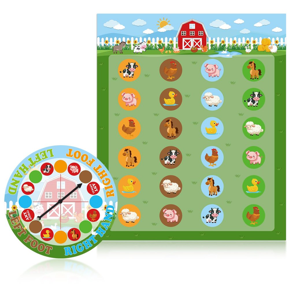 Capoda 2 Pcs Farm Animals Themed Party Game Farm Animals Twist Pose Mat with Spinner Barnyard Poses Floor Mat Spinner for Birthday Party Family Classroom School Activity