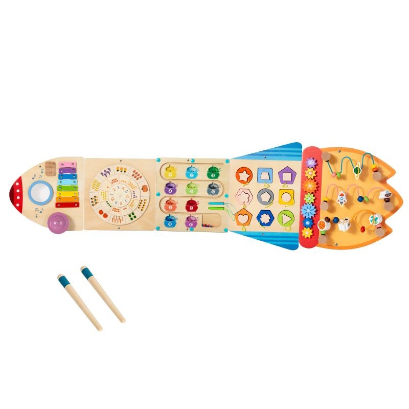 Wooden Educational Activity Boards, Multi-Color, xylophones, Clocks, Shapes, Numbers, Drumsticks and Other Wall Toys, for Children Over Three Years Old