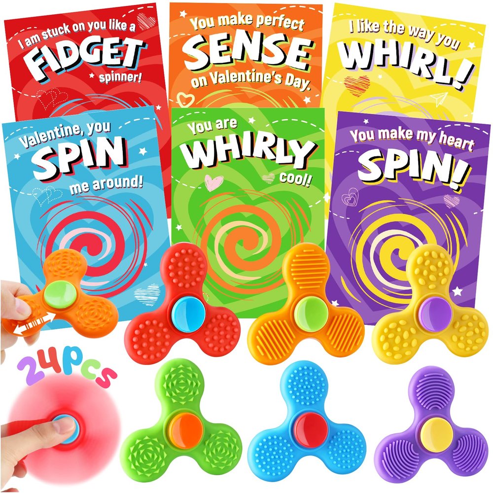 24 PCs Valentines Day Cards with Fidget Spinner for Kids Classroom, Textured Sensory Fidget Toys with Valentine Cards, Kids School Classroom Exchange Prizes Gifts Rewards Stress Relief Party Favors