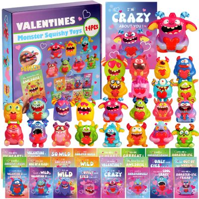 24Pcs Monster Valentines Day Gifts for Kids with Cards, Squishy Toys for Galentines School Gift Exchange, Classroom Prizes, Bag Fillers, Party Favors