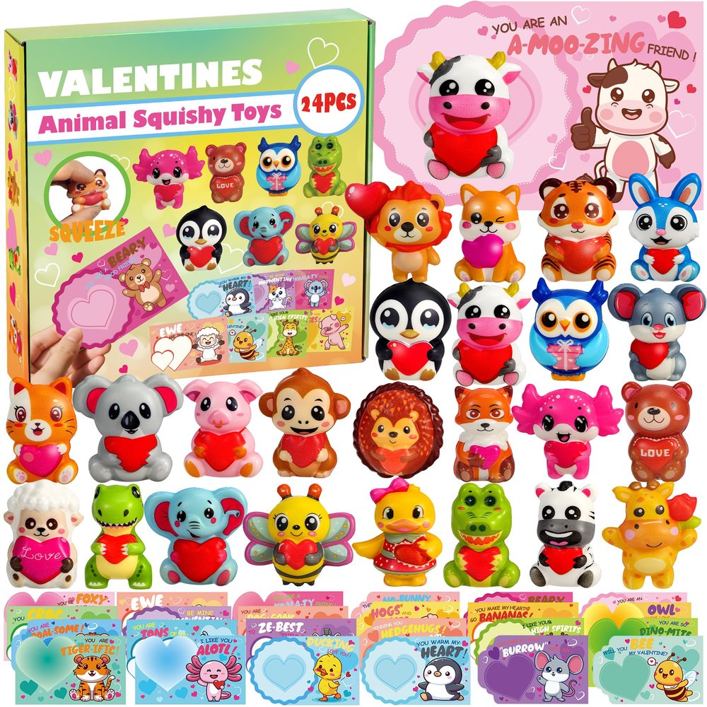 24Pcs Animal Heart Squishy Toys, Valentines Day Gifts with Cards, Kids Party Favors, Galentines School Gift Exchange, Classroom Prizes, Candy Bag Stuffers
