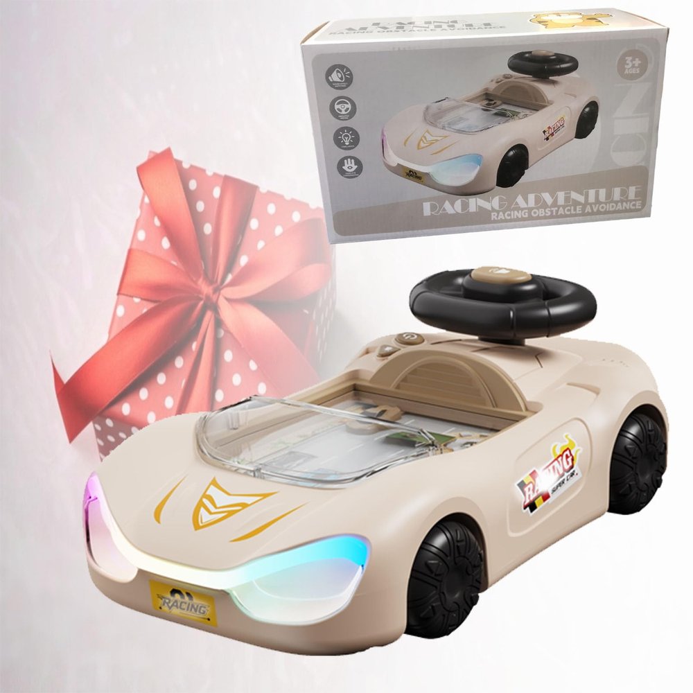 Car Adventure Toy with Steering Wheel, Christmas Racing Car Steering Wheel Toys Gift with Reality Sound, Toddler Interactive Simulation Driving Game for Kids, Educational Birthday Gift(Beige brown)