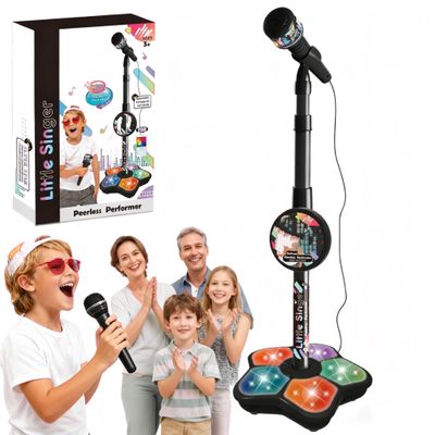 Kids Microphone with Stand, Microphone for Kids, All-in-One Microphones Toy with Flashing Stage Light Base, Got Built-in Music, Colorful Lights, Echo Effects, Portable Karaoke Machine (Black)