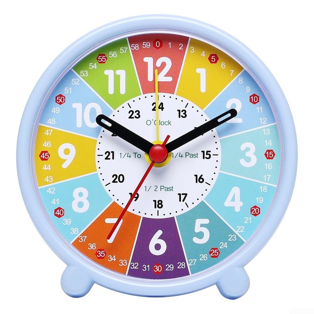 Colorful Silent Learning Clock, Teach Time Easily & Distraction-Free, Rainbow-Coded Educational Wall Clock for Home Use, 3.5 Inch Plastic Analog Clock with 24-Hour Inner Ring(Early School Blue)