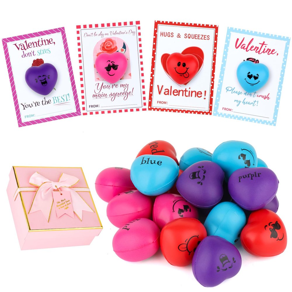 18-Piece Heart Shaped Stress Balls Gift Set with Box, Card & Bag, 4 Colors - Valentine's Day Gifts, Party Favors, Classroom Prizes for Anxiety Relief