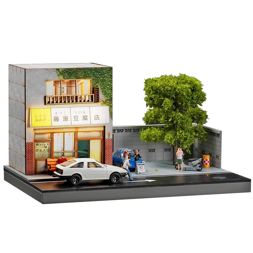 1/64 Scale Diorama Diecast Car Garage Model, Miniature Street Building Scene Display, Japanese Tofu Shop with LED Lights, USB Powered, 9.25 * 6.29 * 5.31 Inches