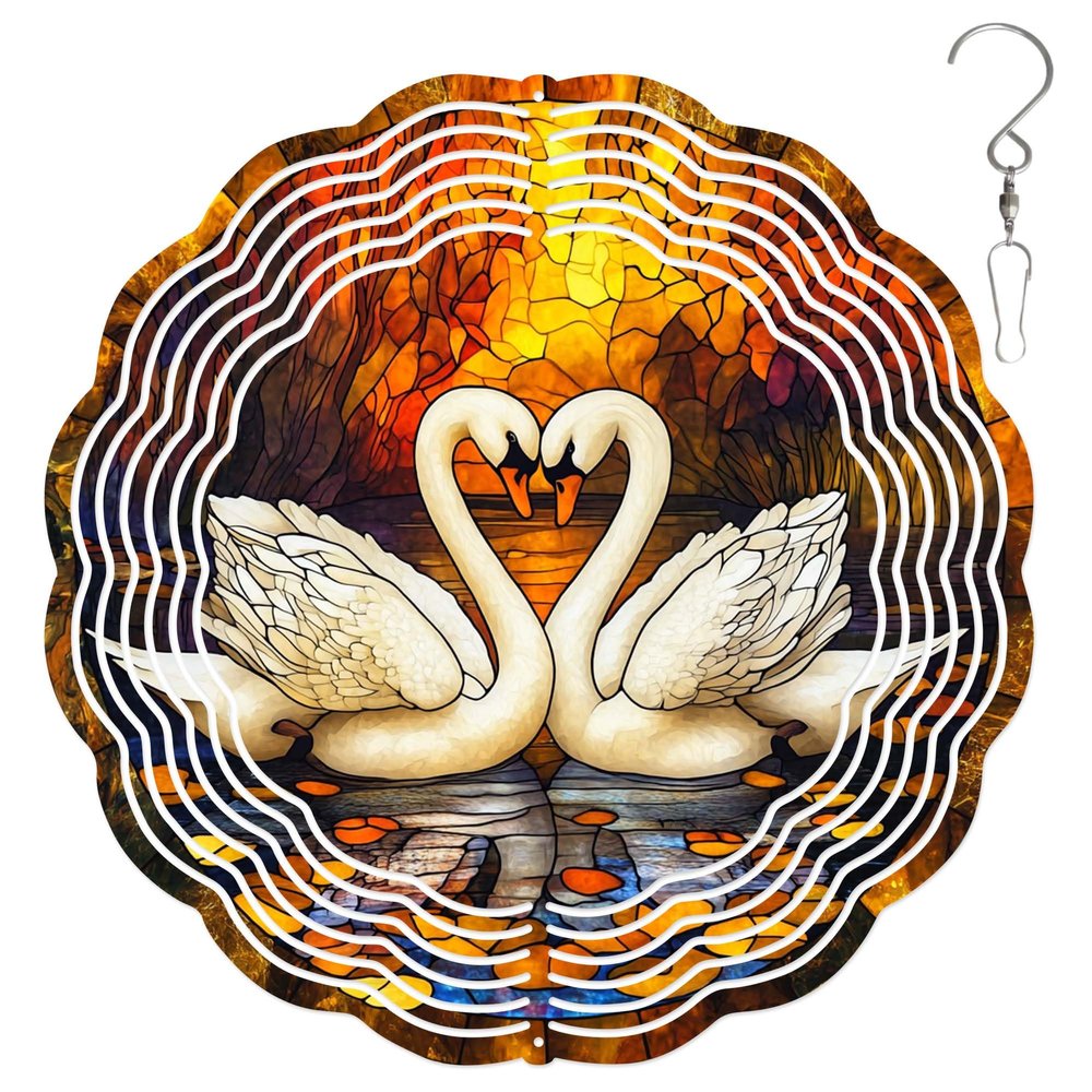 10-Inch Metal Wind Spinner Two Heart Shape Swans 3D Bird Wind Spinner, Unique Metal Hanging Kinetic Wind Sculpture Ornament Gifts for Women Yard Art Garden Patio Lawn Indoor Outdoor Decor