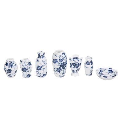 1:12 Mini Doll House Furniture Decoration Ceramic Vessel Vase Blue and White Porcelain Set Delicate Ceramic Ware Model Can Insert Flowers for Doll House Living Room Window