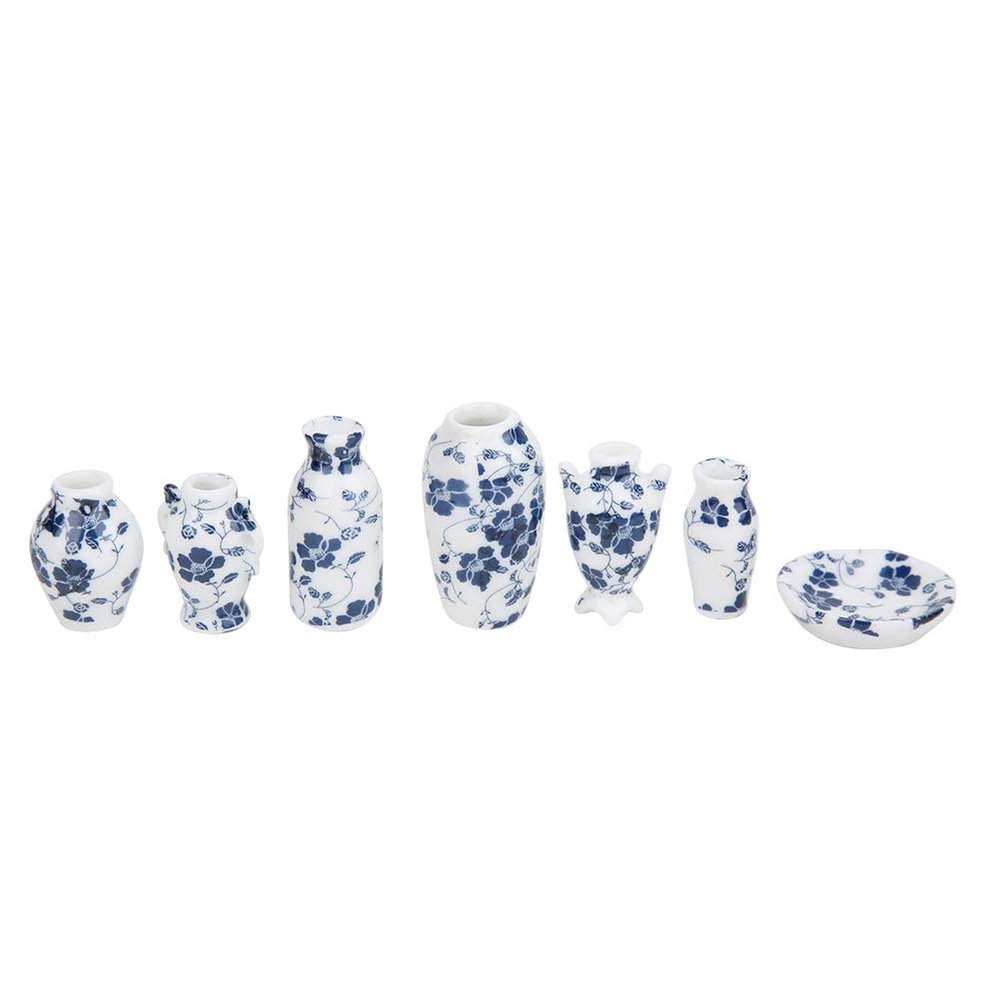 1:12 Mini Doll House Furniture Decoration Ceramic Vessel Vase Blue and White Porcelain Set Delicate Ceramic Ware Model Can Insert Flowers for Doll House Living Room Window