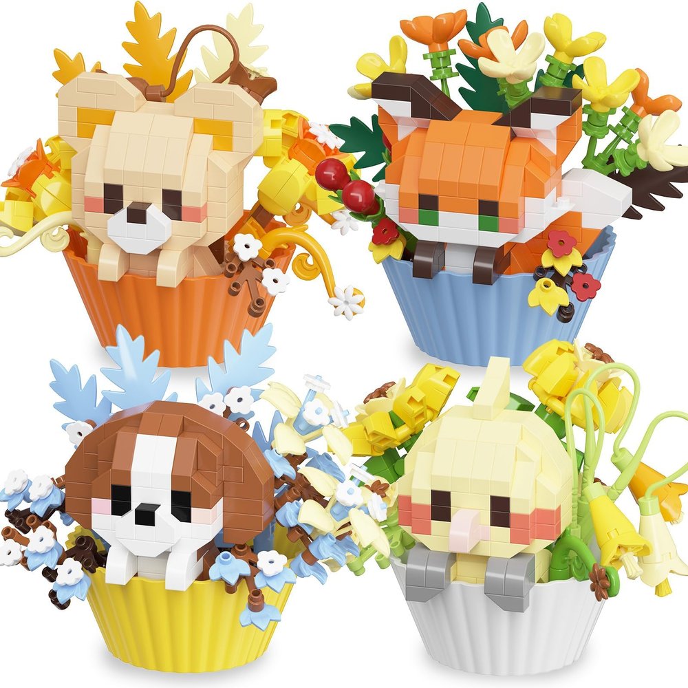 4-Pack Animal Cupcake Micro Building Blocks Set, Cute Fox Dog Bird Bear Mini Bricks Kit for Teens and Adults, Creative DIY Desktop Display Hobby, Unique Party Favors & Small Gifts