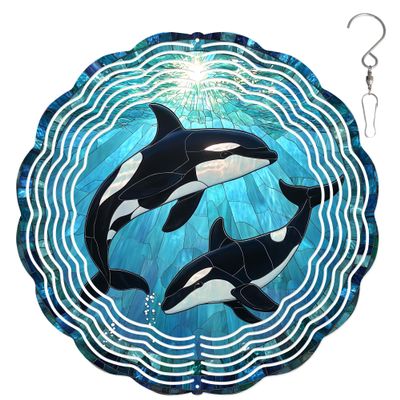10-Inch Metal Wind Spinner Two Orcas Underwater 3D Marine Life Wind Spinner, Unique Metal Hanging Kinetic Wind Sculpture Ornament Gifts for Women Yard Art Garden Patio Lawn Indoor Outdoor Decor