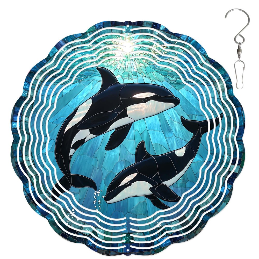 10-Inch Metal Wind Spinner Two Orcas Underwater 3D Marine Life Wind Spinner, Unique Metal Hanging Kinetic Wind Sculpture Ornament Gifts for Women Yard Art Garden Patio Lawn Indoor Outdoor Decor