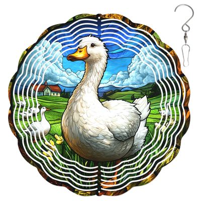 10-Inch Metal Wind Spinner White Duck in Grassy Field 3D Wind Spinner, Unique Metal Hanging Kinetic Wind Sculpture Ornament Gifts for Women Yard Art Garden Patio Lawn Indoor Outdoor Decor