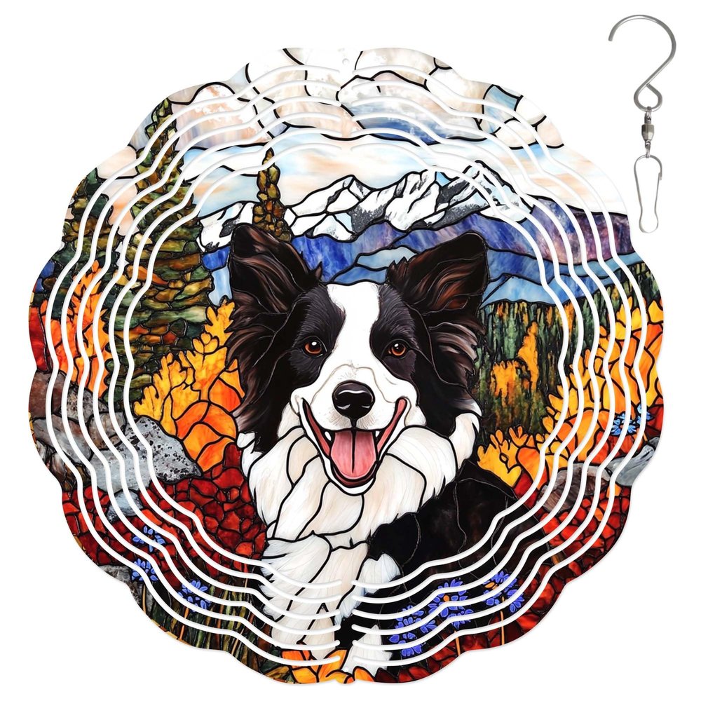 10-Inch Metal Wind Spinner Border Collie in Autumn Mountain 3D Dog Wind Spinner, Unique Metal Hanging Kinetic Wind Sculpture Ornament Gifts for Women Yard Art Garden Patio Lawn Indoor Outdoor Decor
