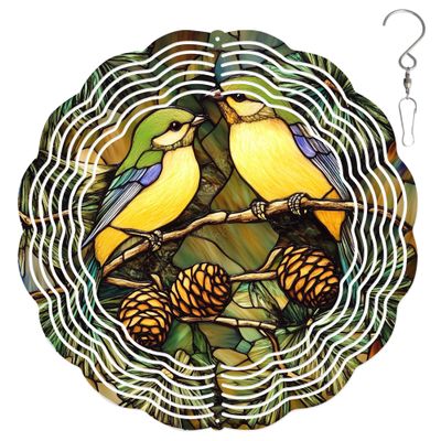 10-Inch Metal Wind Spinner Two Blue-Winged Warbler 3D Bird Wind Spinner, Unique Metal Hanging Kinetic Wind Sculpture Ornament Gifts for Women Yard Art Garden Patio Lawn Indoor Outdoor Decor