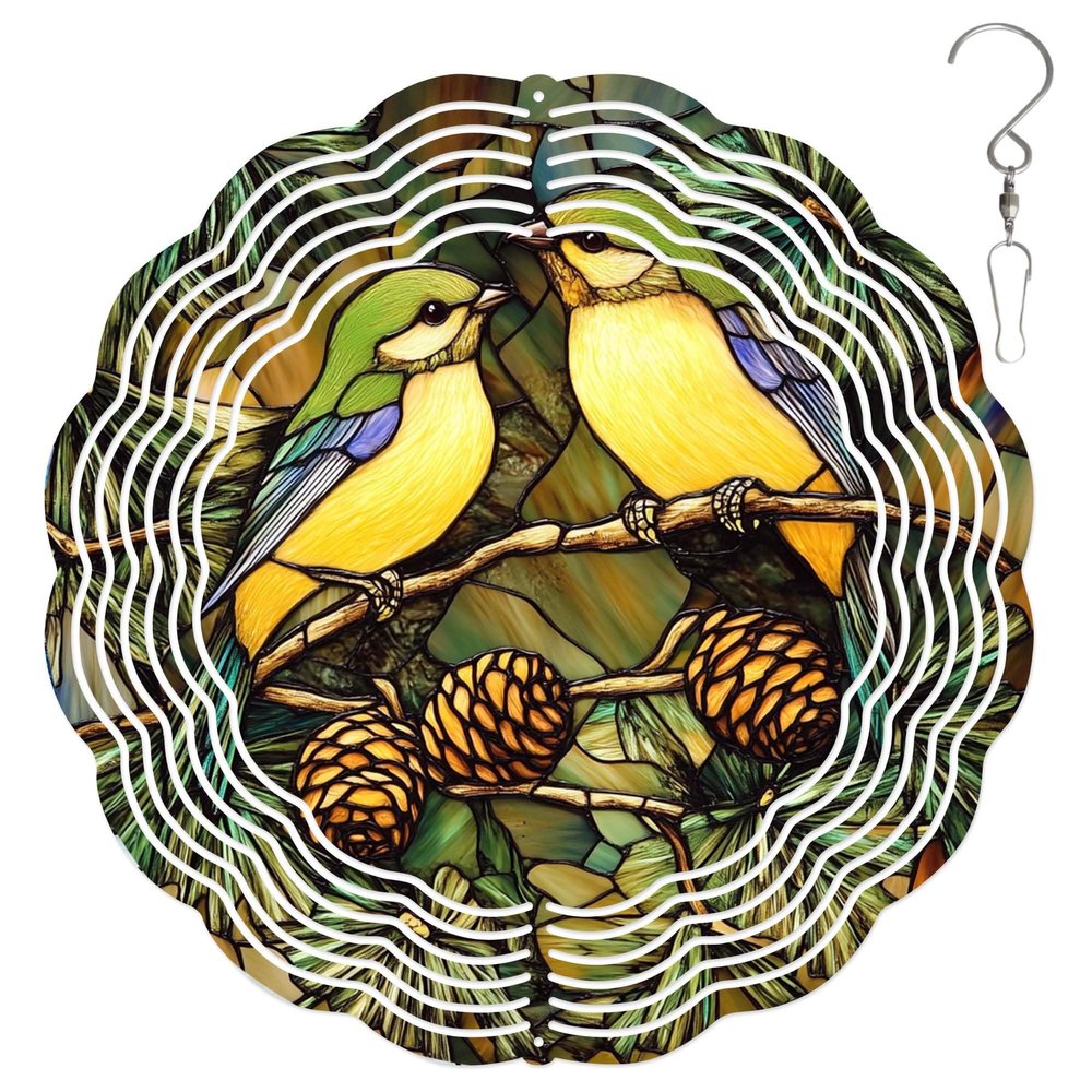 10-Inch Metal Wind Spinner Two Blue-Winged Warbler 3D Bird Wind Spinner, Unique Metal Hanging Kinetic Wind Sculpture Ornament Gifts for Women Yard Art Garden Patio Lawn Indoor Outdoor Decor