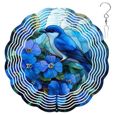 10-Inch Metal Wind Spinner Blue Bird and Flowers 3D Bird Wind Spinner, Unique Metal Hanging Kinetic Wind Sculpture Ornament Gifts for Women Yard Art Garden Patio Lawn Indoor Outdoor Decor