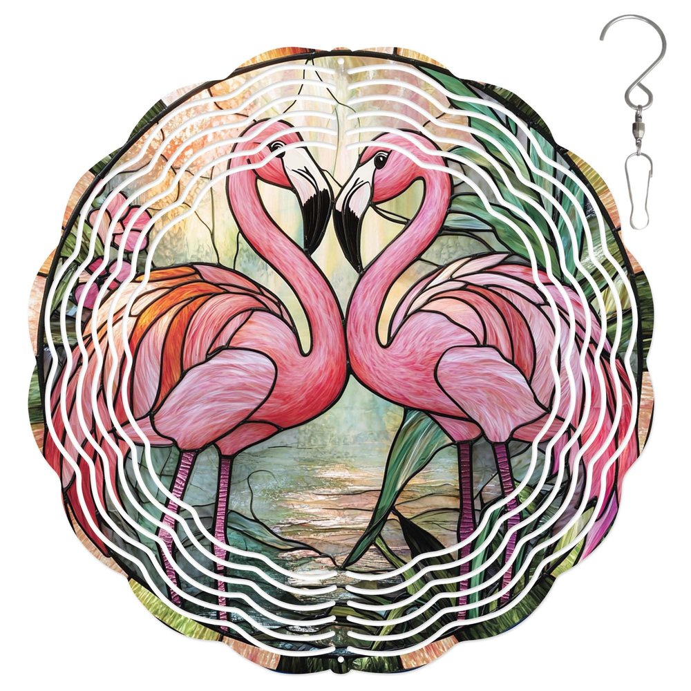 10-Inch Metal Wind Spinner Two Flamingos Touching Beaks 3D Wind Spinner, Unique Metal Hanging Kinetic Wind Sculpture Ornament Yard Art Garden Patio Lawn Indoor Outdoor Decor