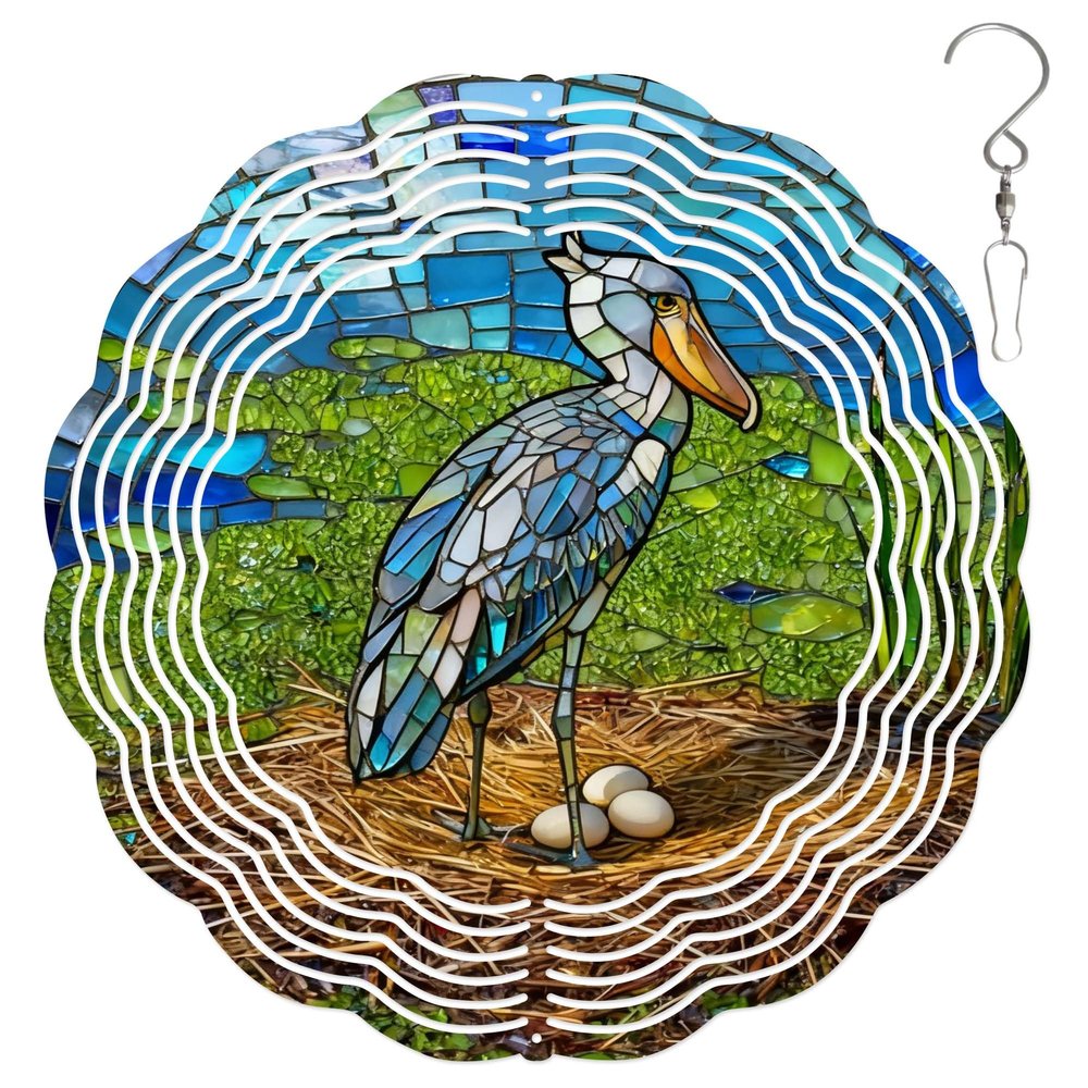 10-Inch Metal Wind Spinner Shoebill with Eggs 3D Bird Wind Spinner, Unique Metal Hanging Kinetic Wind Sculpture Ornament Gifts for Women Yard Art Garden Patio Lawn Indoor Outdoor Decor