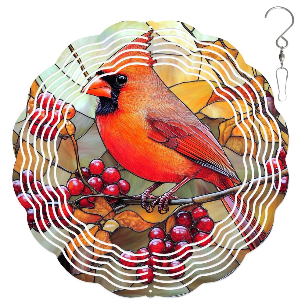10-Inch Metal Wind Spinner Red Cardinal on Berry-Laden Branch 3D Bird Wind Spinner, Unique Metal Hanging Kinetic Wind Sculpture Ornament Yard Art Garden Patio Lawn Indoor Outdoor Decor (1)