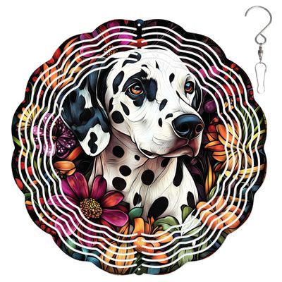 10-Inch Metal Wind Spinner Dalmatian Surrounded by Flowers 3D Dog Wind Spinner, Unique Metal Hanging Kinetic Wind Sculpture Ornament Yard Art Garden Patio Lawn Indoor Outdoor Decor (1)