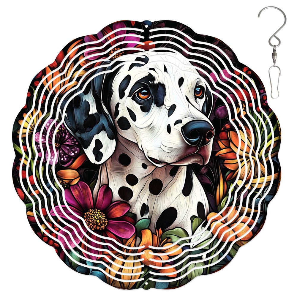 10-Inch Metal Wind Spinner Dalmatian Surrounded by Flowers 3D Dog Wind Spinner, Unique Metal Hanging Kinetic Wind Sculpture Ornament Yard Art Garden Patio Lawn Indoor Outdoor Decor (1)