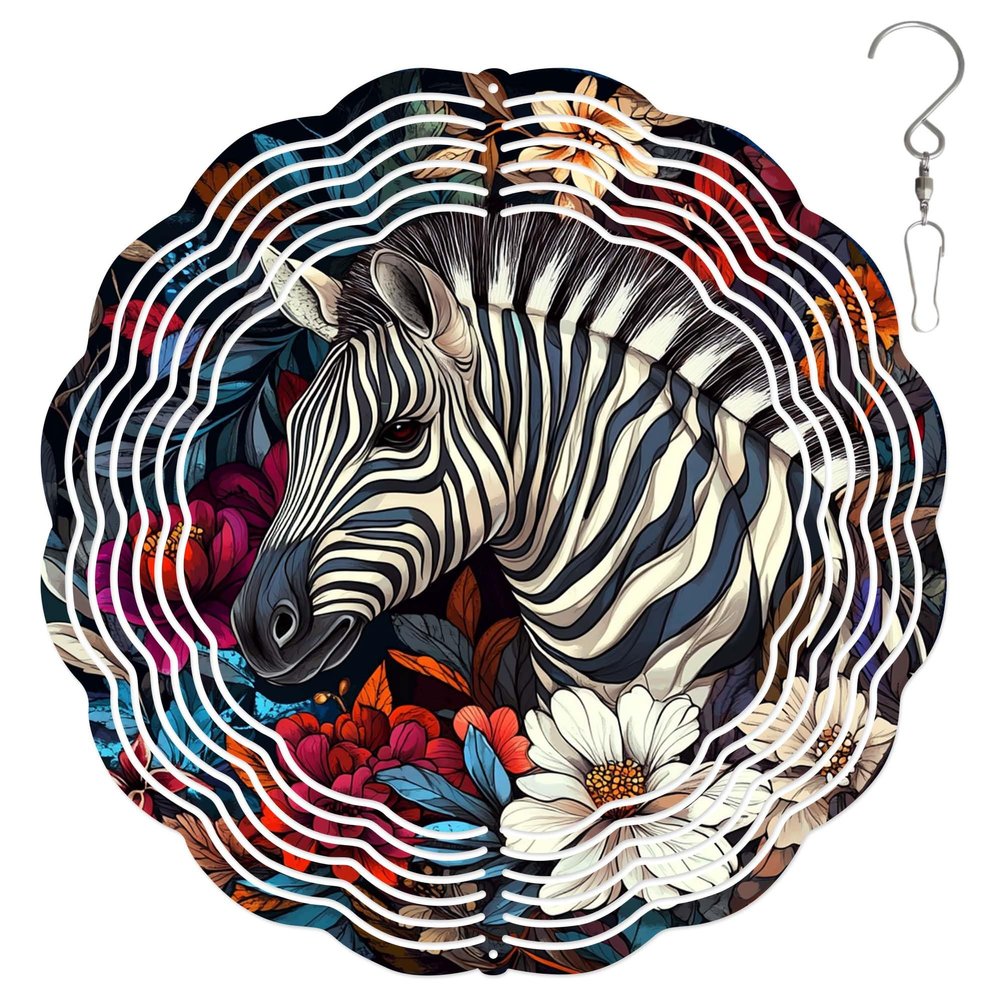 10Inch Metal Wind Spinner Zebra Surrounded by Flowers 3D Wildlife Wind Spinner, Unique Metal Hanging Kinetic Wind Sculpture Ornament Gifts for Women Yard Art Garden Patio Lawn Indoor Outdoor Decor (1)