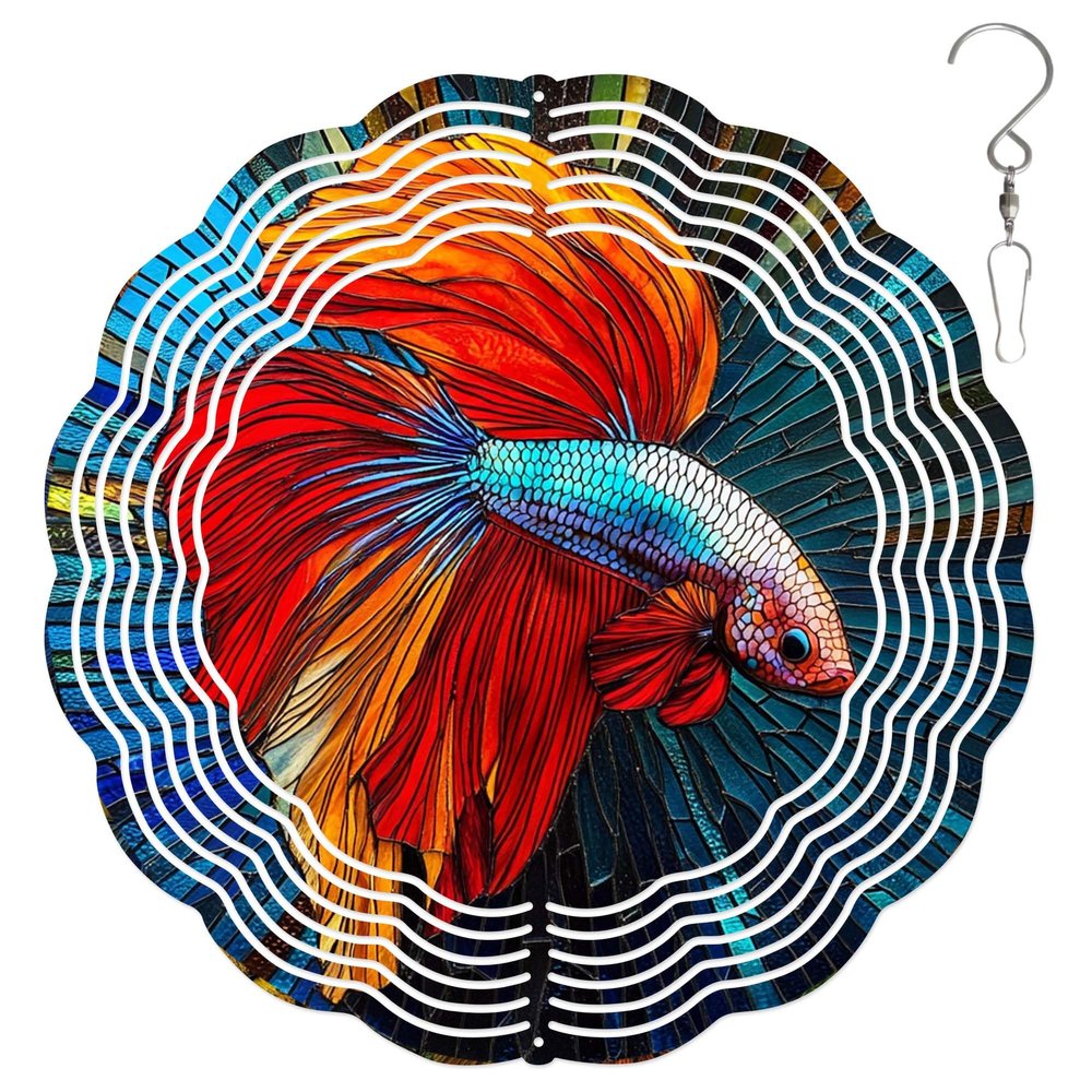 10-Inch Metal Wind Spinner Red Betta Fish 3D Fish Wind Spinner, Unique Metal Hanging Kinetic Wind Sculpture Ornament Yard Art Garden Patio Lawn Indoor Outdoor Decor (1)