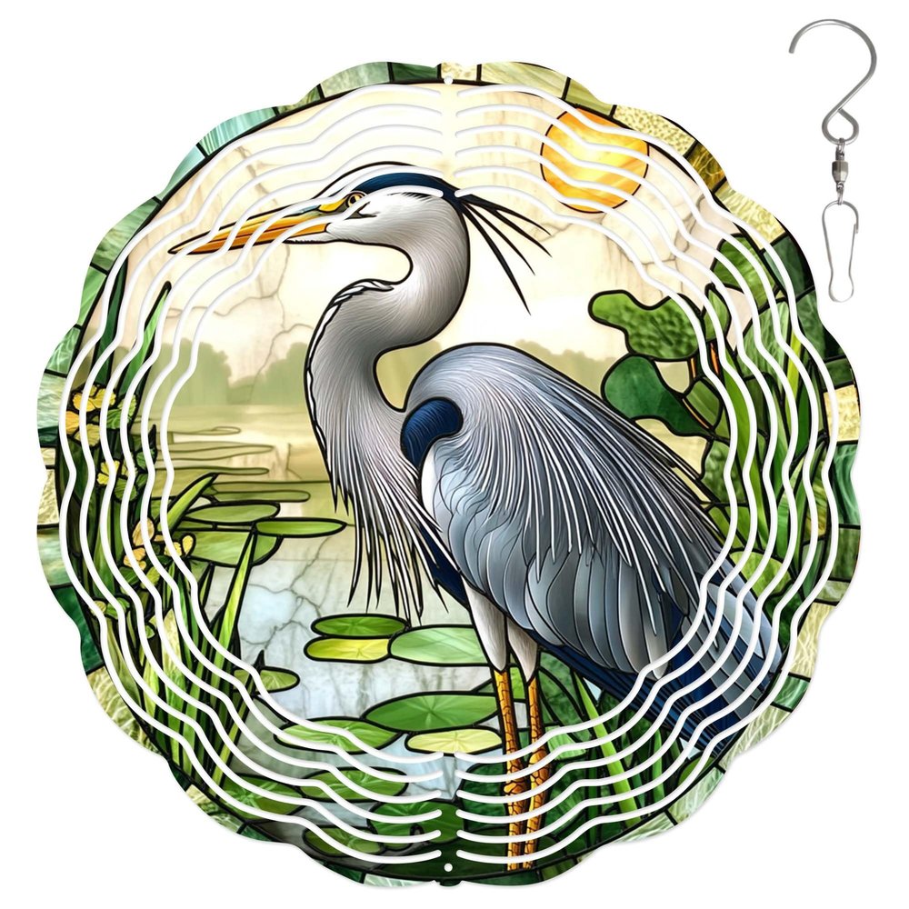 10-Inch Metal Wind Spinner Grey Heron by Lotus Sond 3D Bird Wind Spinner, Unique Metal Hanging Kinetic Wind Sculpture Ornament Gifts for Women Yard Art Garden Patio Lawn Indoor Outdoor Decor