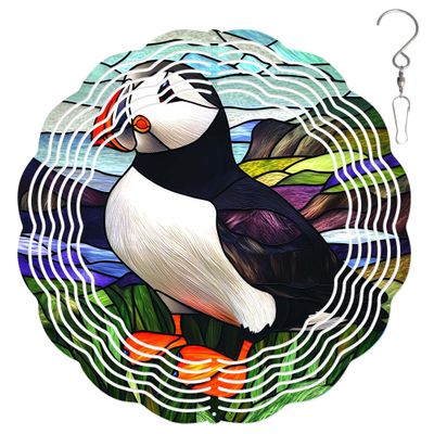10-Inch Metal Wind Spinner Puffin on Grass 3D Bird Wind Spinner, Unique Metal Hanging Kinetic Wind Sculpture Ornament Gifts for Women Yard Art Garden Patio Lawn Indoor Outdoor Decor