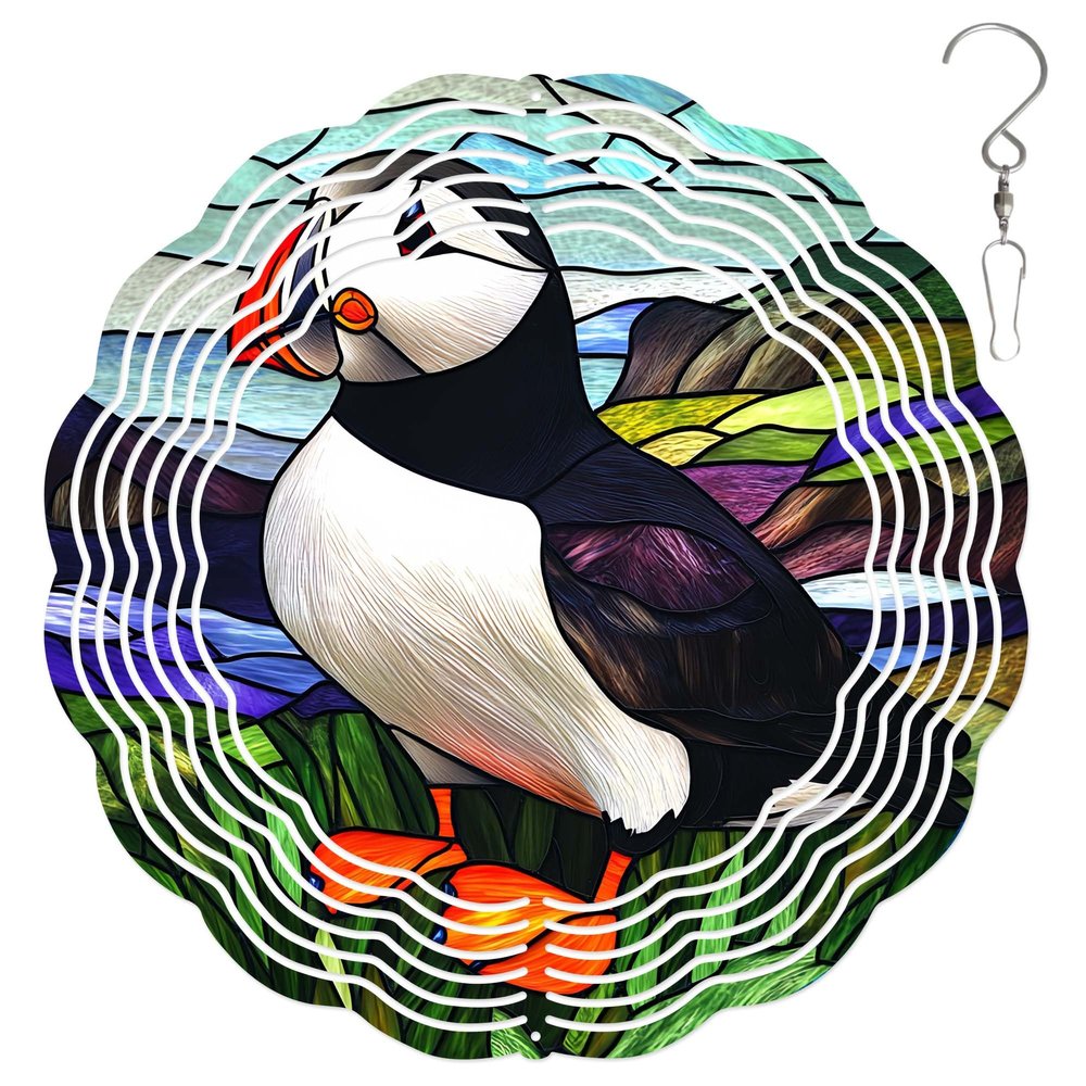 10-Inch Metal Wind Spinner Puffin on Grass 3D Bird Wind Spinner, Unique Metal Hanging Kinetic Wind Sculpture Ornament Gifts for Women Yard Art Garden Patio Lawn Indoor Outdoor Decor