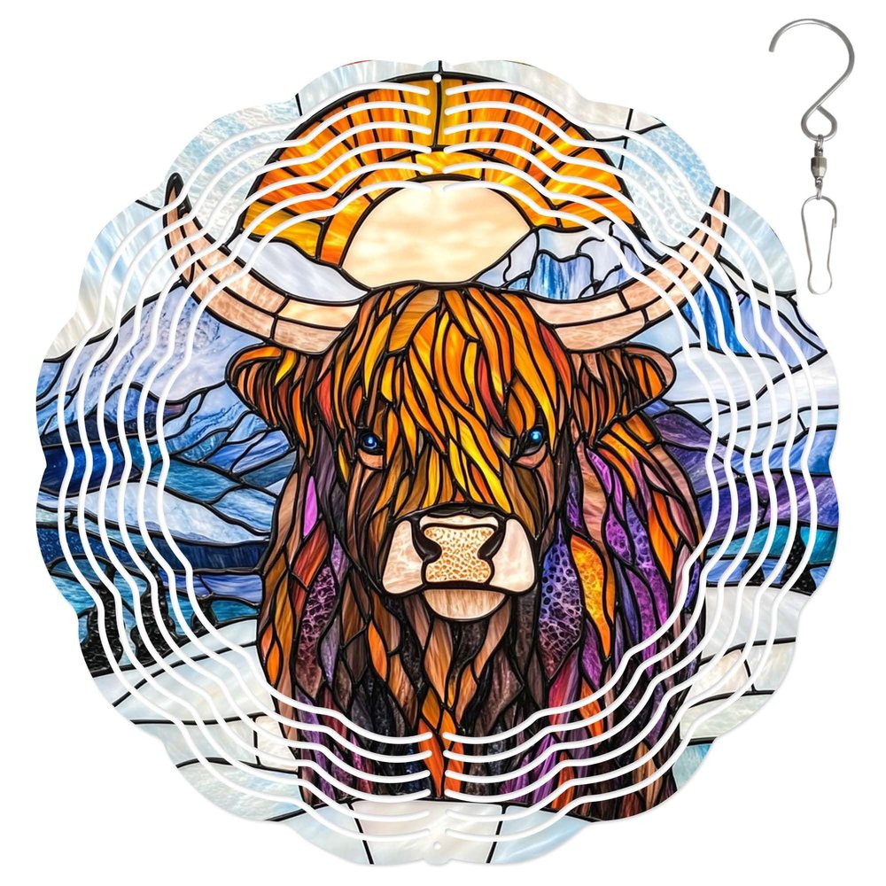 10-Inch Metal Wind Spinner Highland Cow in Snowy Mountain3D Animal Wind Spinner, Unique Metal Hanging Kinetic Wind Sculpture Ornament Gifts for Women Yard Art Garden Patio Lawn Indoor Outdoor Decor