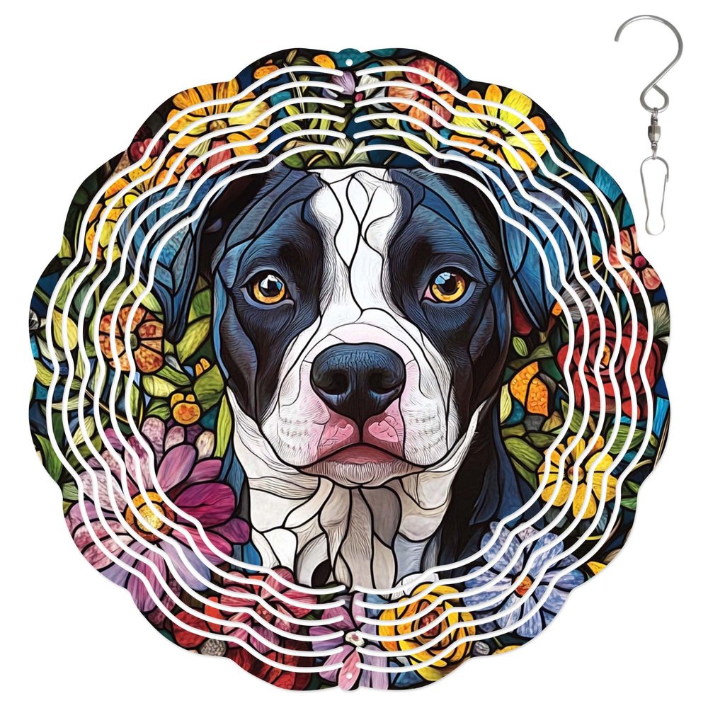 10-Inch Metal Wind Spinner Pit Bull Surrounded by Flowers 3D Dog Wind Spinner, Unique Metal Hanging Kinetic Wind Sculpture Ornament Gifts for Women Yard Art Garden Patio Lawn Indoor Outdoor Decor