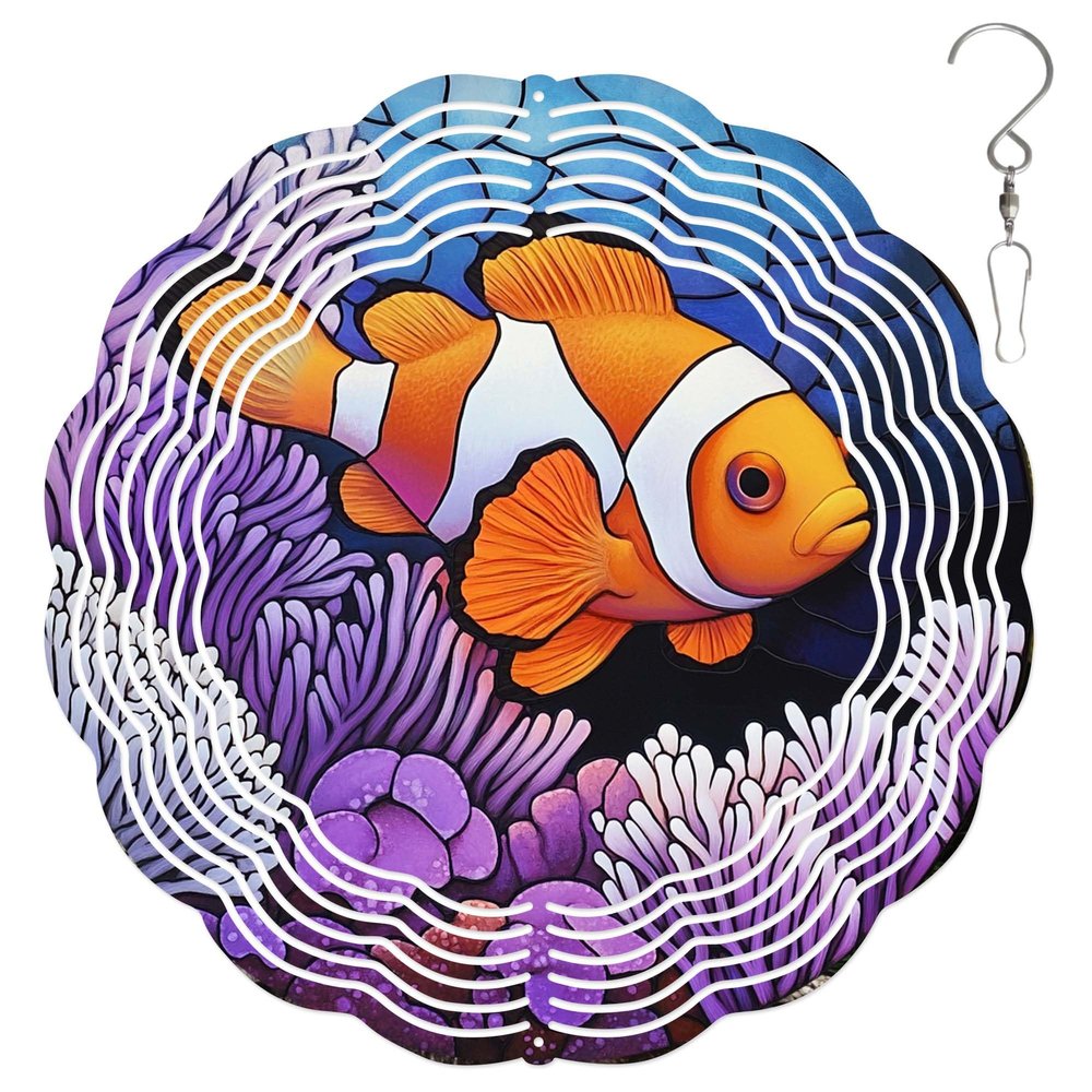 10-Inch Metal Wind Spinner Clownfish 3D Marine Life Wind Spinner, Unique Metal Hanging Kinetic Wind Sculpture Ornament Gifts for Women Yard Art Garden Patio Lawn Indoor Outdoor Decor (2)