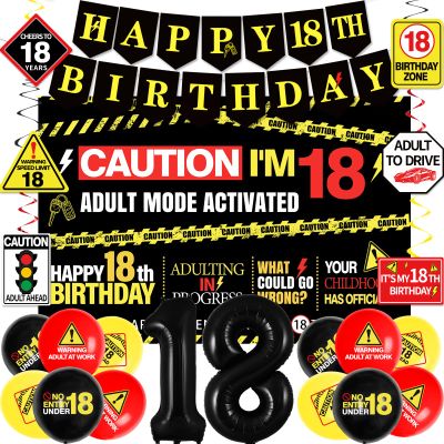 18th Birthday Decorations for Boys Girls, Caution Logos Happy 18th Birthday Party Decorations, 18th Birthday Banner, Foil Balloons 18, Backdrop, Balloons, Hanging Swirls, Birthday Cards Set 45pcs