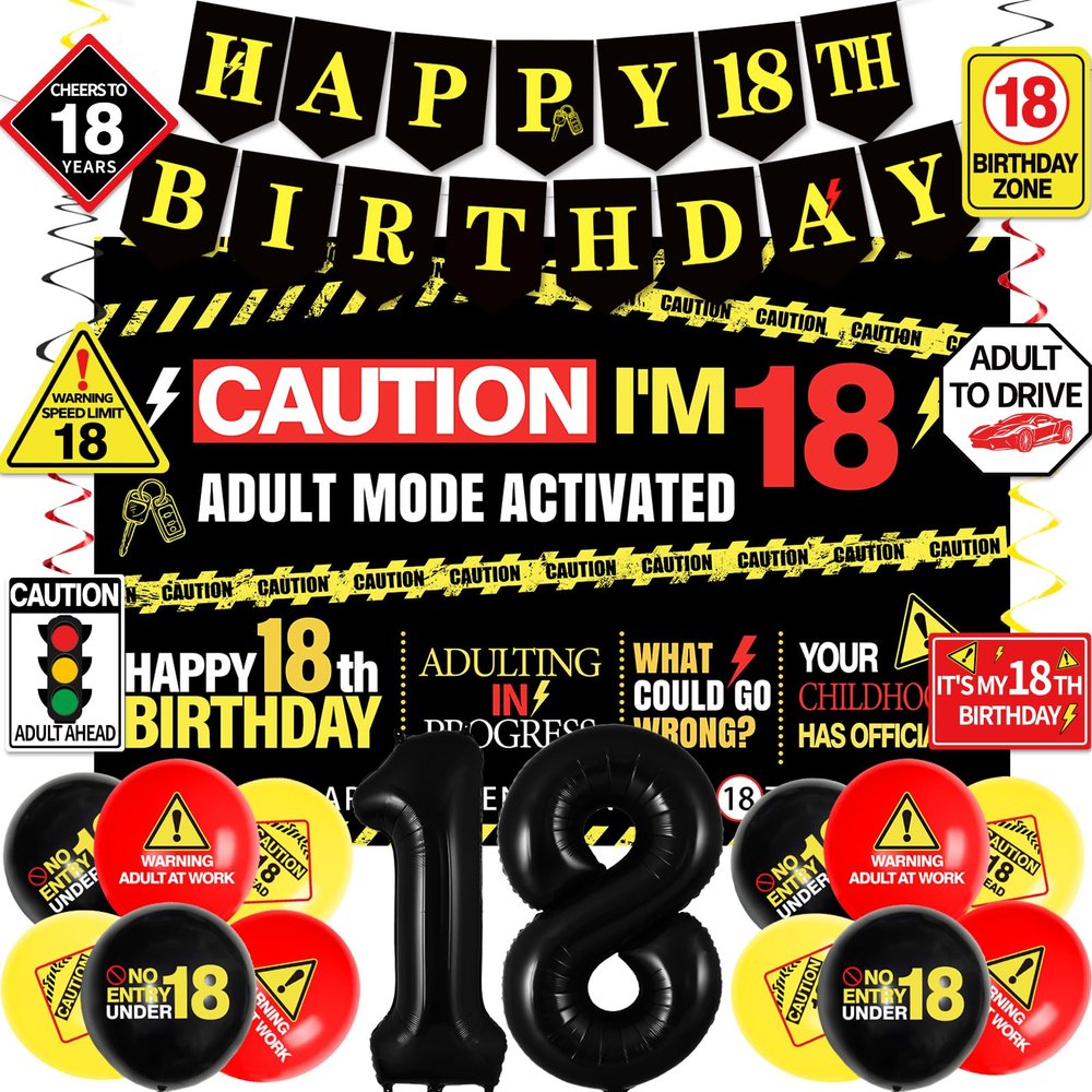 18th Birthday Decorations for Boys Girls, Caution Logos Happy 18th Birthday Party Decorations, 18th Birthday Banner, Foil Balloons 18, Backdrop, Balloons, Hanging Swirls, Birthday Cards Set 45pcs