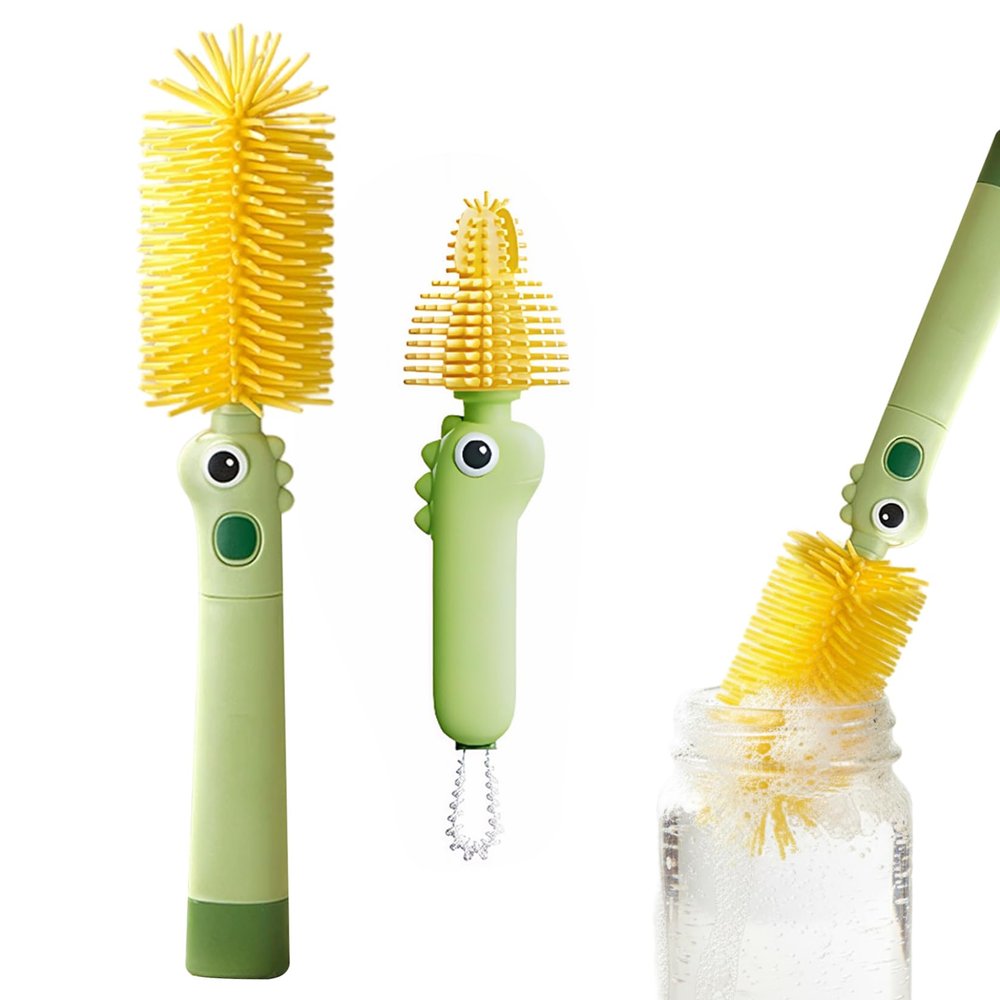 2-Pack Baby Bottle Brush with 360 Silicone Head, Dinosaur-Themed Long & Compact Brushes for Cleaning Bottles, Sippy Cups, and Water Bottles, Green