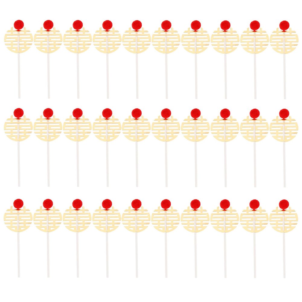 PLAFOPE 30pcs Chinese Style Wedding Cupcake Toppers Red Double Happiness Cake Ornaments for Wedding Party Dessert Decoration Eco-friendly Baking Picks
