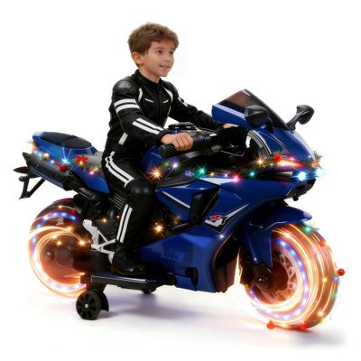 12V Electric Motorcycle for Kids,Kids Motorcycle with Training Wheels, Bikes for with LED Lights, Up to 9 MPH,Electric Bike for 3-8 Year Olds (Blue)