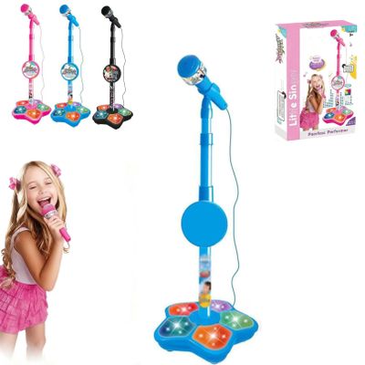 Karaoke Machine Toy with Light, Kids Karaoke Microphone with Stand, Adjustable Stand, Built-in Music, Colorful Lights, and Echo Effects, Birthday for Girls Boys (Blue)