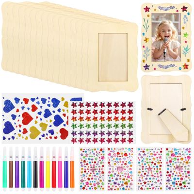 16 Count Photo Frame Craft Set, Unfinished Wooden Frames, Markers and Stickers for 5 X 7 in Pictures, Ideal for Classrooms and Family Fun