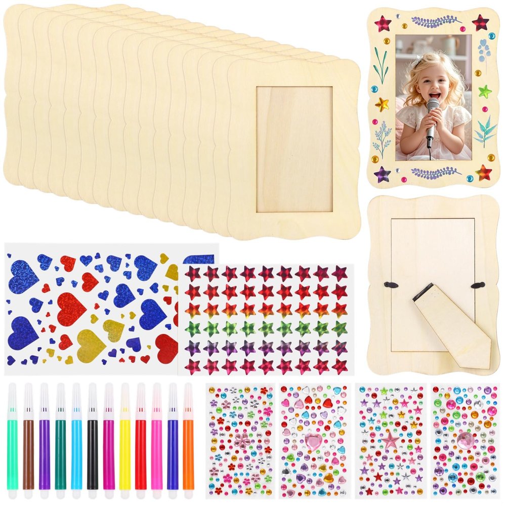 16 Count Photo Frame Craft Set, Unfinished Wooden Frames, Markers and Stickers for 5 X 7 in Pictures, Ideal for Classrooms and Family Fun
