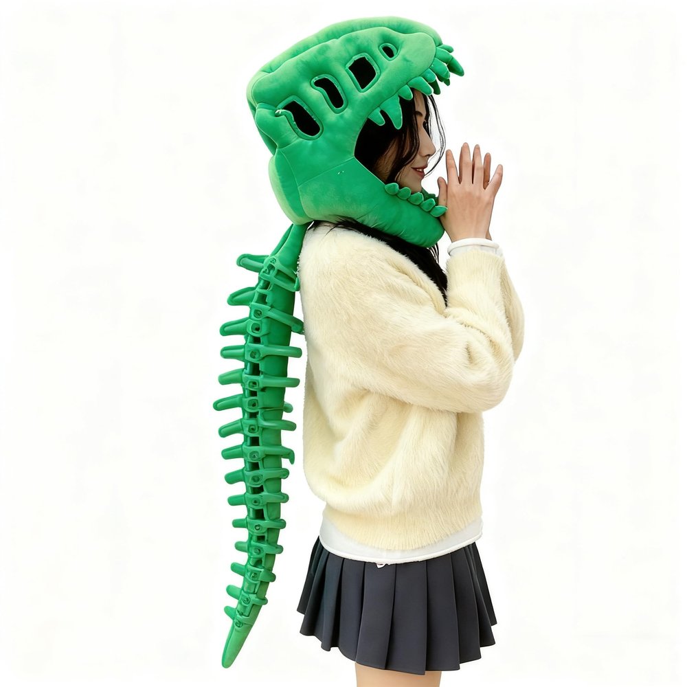 3D Plush Dinosaur Skeleton Costume,Green Dinosaur T-Rex Helmet Costume with Spine Extension,Dino Lover Gift Idea (46.4")