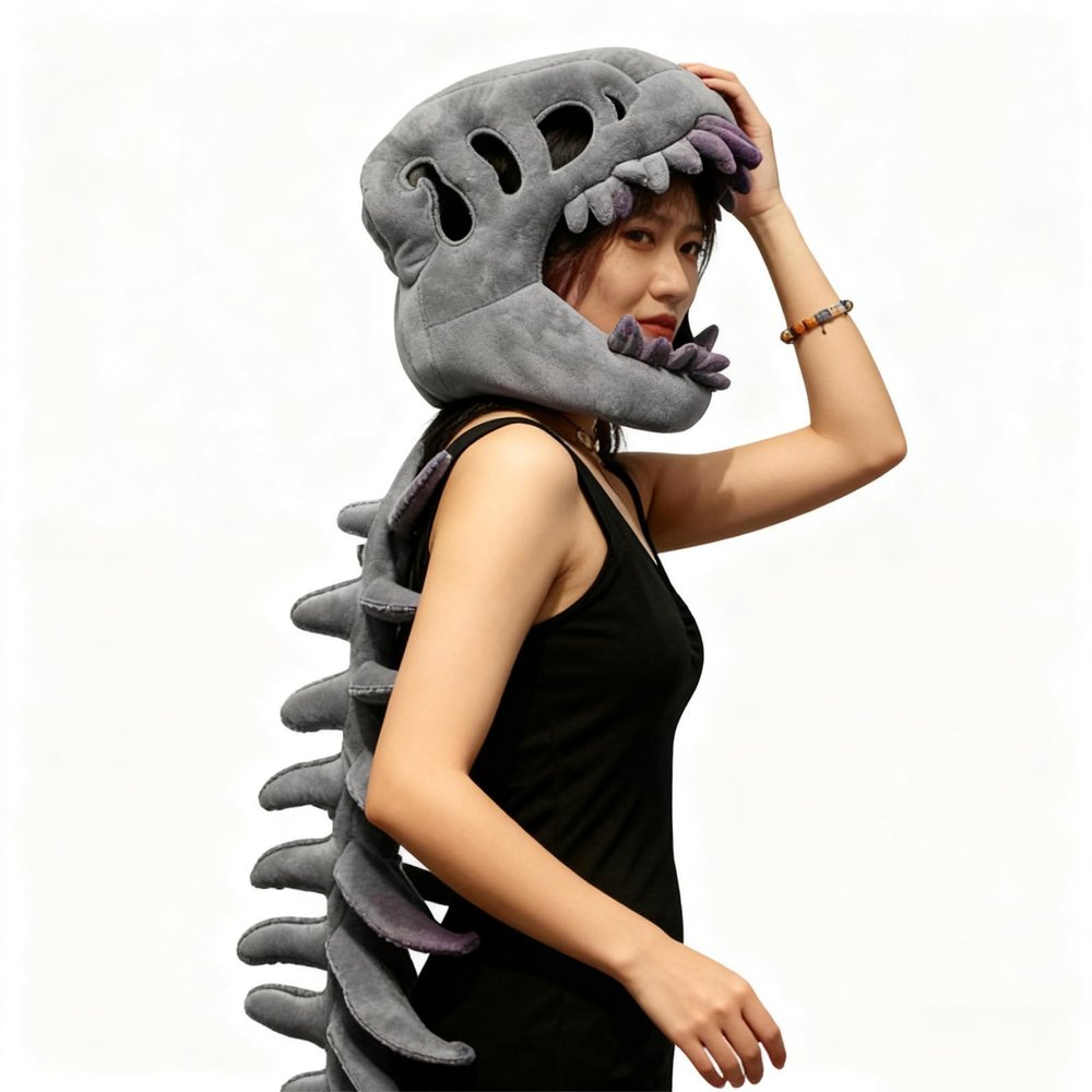 3D Plush Dinosaur Costume,Funny Dinosaur Skeleton T-Rex Helmet Costume Spine Extension,Holiday Dino Gift Idea (Grey,45")