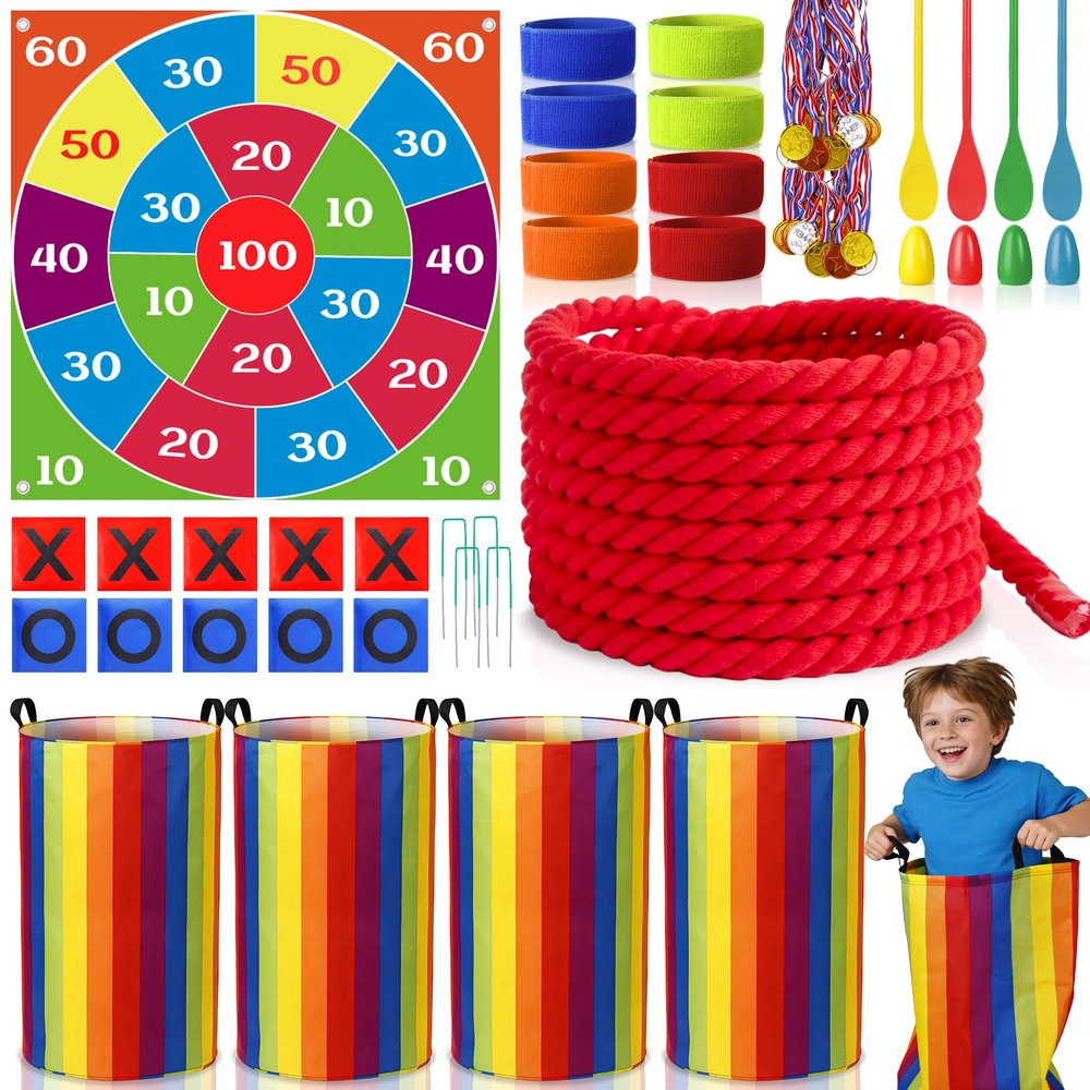 51 Pcs 5-in-1 Outdoor Games Set,Field Day Family Reunion Games Potato Sack Race Bags Tug of War Rope Egg Spoon Race Game 3 Legged Relay Race Giant Tic Tac Toe Game Carnival Lawn Game for Party