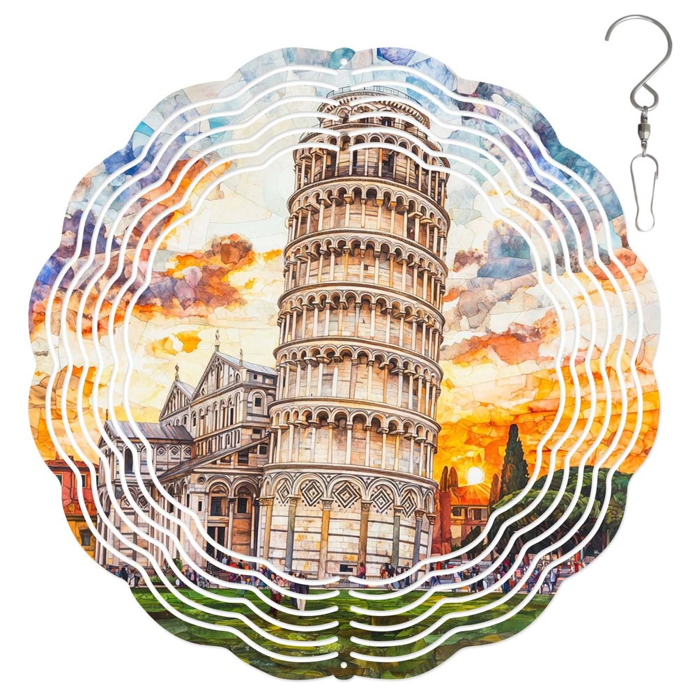 10-Inch Metal Wind Spinner Leaning Tower of Pisa 3D Landscape Wind Spinner, Unique Metal Hanging Kinetic Wind Sculpture Ornament Yard Art Garden Patio Lawn Indoor Outdoor Decor
