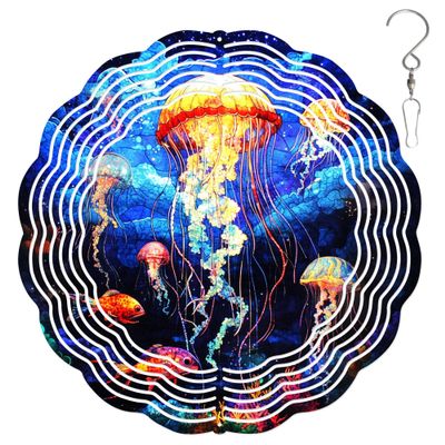 10-Inch Metal Wind Spinner Glowing Jellyfish 3D Marine Life Wind Spinner, Unique Metal Hanging Kinetic Wind Sculpture Ornament Gifts for Women Yard Art Garden Patio Lawn Indoor Outdoor Decor