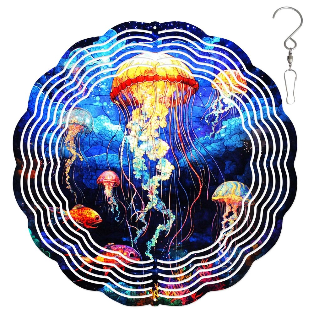 10-Inch Metal Wind Spinner Glowing Jellyfish 3D Marine Life Wind Spinner, Unique Metal Hanging Kinetic Wind Sculpture Ornament Gifts for Women Yard Art Garden Patio Lawn Indoor Outdoor Decor